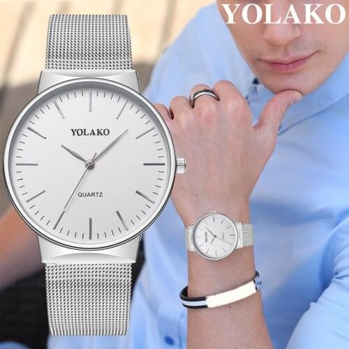 YOLAKO Brand Mens Watches Simple Alloy Ultra-Thin Mesh Steel Quartz Watch Business Luxury Fashion Top Grade Watch Slight Clock