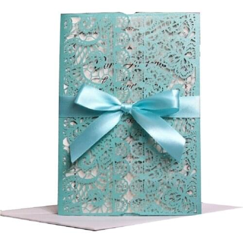 Tiffany Blue Pearl Paper Wedding Invitation Card Lace Hollow Greeting Cards Engagement Invites with Ribbon Party Favors,5 Colors