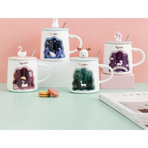 Exquisite 3D animal Mug with lid spoon ceramics hand drawn happy tea cup Drinkware Coffee Tea Cups Novelty Gifts milk cup