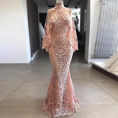 Amazing Embroidery Lace with Stone Evening Dress High Neck With Cape Sheer Illusion Mermaid Bridal Prom Gowns vestido de festa