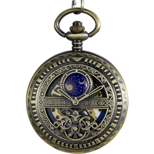 Retro Hollow Mechanical Pocket Watch Blue Roman Numerals Display Watch Unique Moon Starry Design Hand Winding Fob Watch