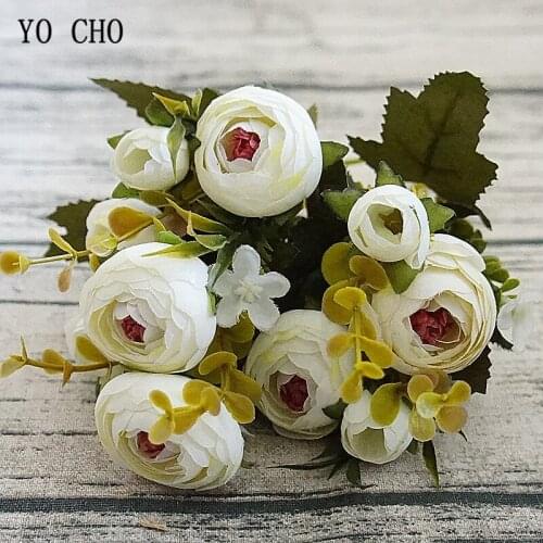 YO CHO Mini Bouquet Artificial Flower 5 Fork Silk Rose Wedding Girl Holding Flower Fake Rose Pink Home Party Wedding Table Decor