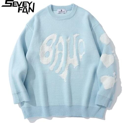 SEVEYFAN Mens Casual Love Pattern Towel Embroidery Sweater BF Loose Cotton Pullover Knitwear for Couples