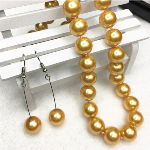 Free shipping 12mm gold-colored shell simulated-pearl round beads necklace earring jewelry set high grade party necklace 18"GE12