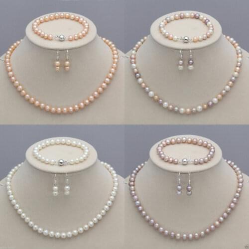 New 7-8mm Natural Freshwater Pearl Necklace Bracelet Earrings Set 18" 7.5"AA