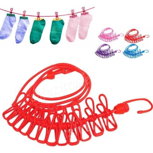 Portable Windproof Clothesline Hanger Drying Rack Clothes Hanging Rope Line Travel Clothespins with 12 Clips