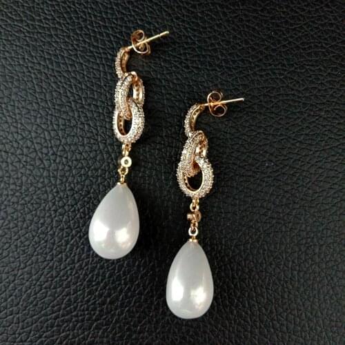 YYGEM Teardrop White Sea Shell Pearl Cz Pave Post Earrings