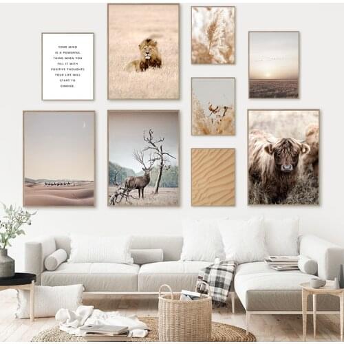 Nordic Deer Lion Cow Canvas Painting Desert Landscape Wall Art Poster Reed Wheat Plant Prints Animal Modern Picture Home Decor