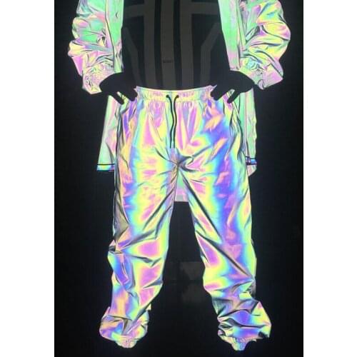 ABOORUN Mens 3M Reflective Pants Fashoin Colorful Reflective Pants Hip Hop Harem Trousers for Male R841