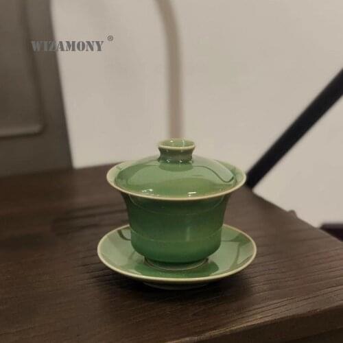 WIZAMONY Plum Qinggai bowl large tea cup three bowl green porcelain kung fu tea with bubble tea bowl ceramic tea ready three cup