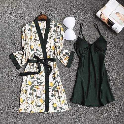 2019 Women Satin Sleepwear Robe Sexy Silk Robe Gown Set Sleep Lounge Indoor Clothing Ladies Nightwear Nightdress With Chest Pads
