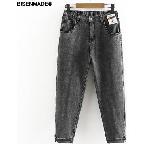 Women Clothing Jeans Plus Size 2021 Autumn New Loose High Waist VINTAGE Stretch Denim Black Grey Harem Pants 832