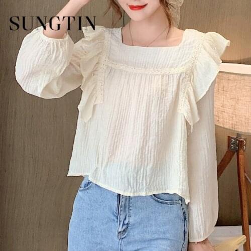 Sungtin French Square Neck Ruffled Blouses Women Vintage Lantern Sleeve Elegant Lace Female Shirt New Sweet Blouses 2021 Chic