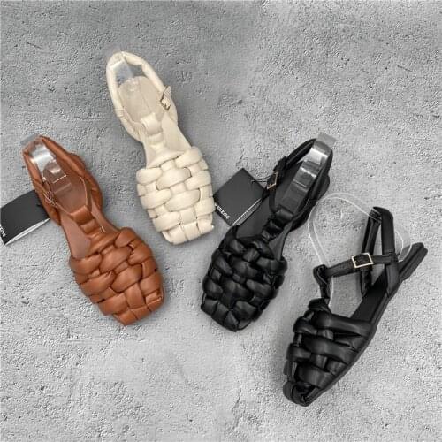 Vintage 2021 Summer Fashion Design Weave Women Sandals PU Leather Comfort Flat Ladies Ankle Strap Sandals Cover Toe Casual Shoes