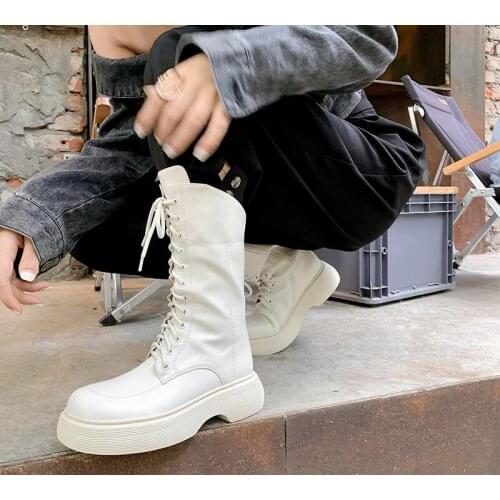 QZYERAI Genuine Leather Womens Mid-Calf Boots Genuine Leather Fashion Women Long Boots Autumn Round Toe Ladies Platform Shoes