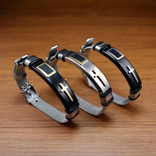 Adjustable Length Bracelet for Women Men Bangle Watch Band Design Stainless Steel Net Band Christ Cross Prayer Male Jewelry