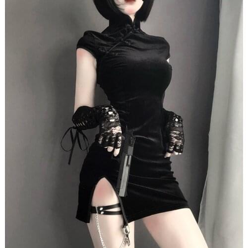 Sexy Vintage Velvet Elegant Cheongsam Gothic Hem Split Punk Chinese Style Bodycon Mini Dress Women Qipao Temptation Uniform