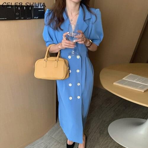 Korean Chic Blue Dress Woman Double Breasted Summer Notched Collar Slim Waist Dresses Vestido Puff Sleeve Business Elegant Dress