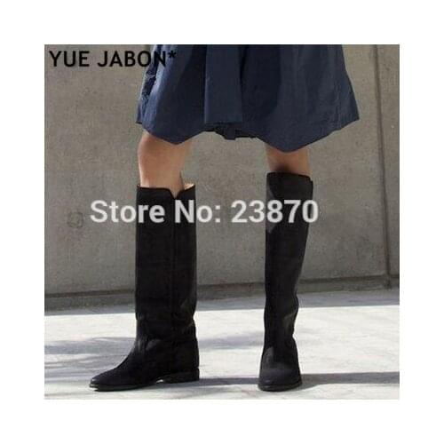 Winter Womens Boots Distressed slip-on Leather Straight Long Boots Height Increasing Flat Knee High Boots Wedge Shoes autumn