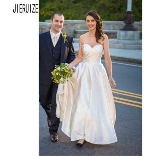 JIERUIZE A Line Satin Wedding Dresses Sweetheart Backless Pleat Sexy Beach Bridal Gowns Sleeveless Wedding Gown robe de mariee