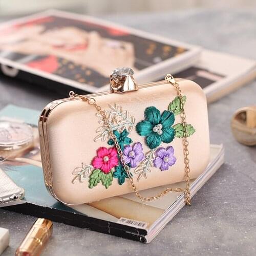 Satin Small Day Clutch With Chain Shoulder Handbags Wedding Female Purse Flower Printed Evening Bags