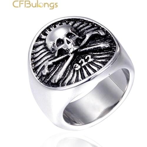CFBulongs 316L Stainless Steel Vikings Mens Ring Cool Gold Color 322 Skull Punk Motorcyclist Ring Men Jewelry
