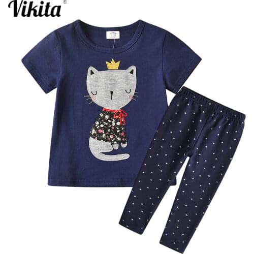 VIKITA Kids Cotton Clothing Sets for Girl Toddlers Cartoon Short Sleeve O Neck T shirt And Long Pants Children Summer Clothes