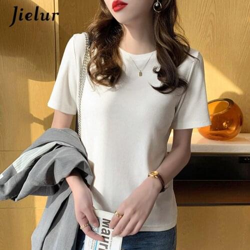 Jielur New Knitted O-Neck Short Sleeve Tshirt Women Black White Grey Female Tee Shirt Casual Tops Woman 2021 S-XL Femme Tees
