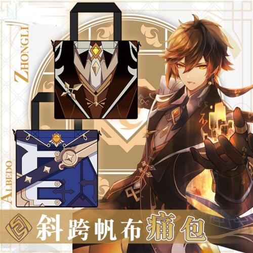 Anime Genshin Impact Albedo Zhongli Venti Cosplay Canvas Bag Messenger Bag Portable Fashion School Bag Casual Shoulder Bag Gift