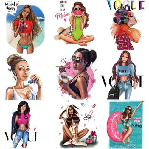 Beautiful Girl Patches On Clothes DIY Washable Woman T-Shirt Thermo Adhesive Stickers Fashion Lady Iron-On Transfer For Clothing