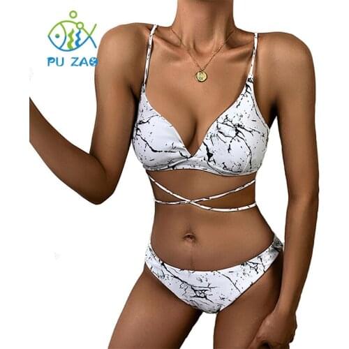 Swimwear 2020 New Two Piece Bikini Chic Swimwear White Print Knotted Swimwear Gathered High Waist Backless Sexy Bathing Suits