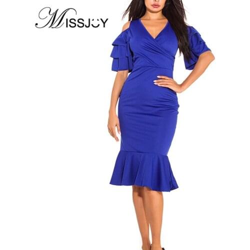 MISSJOY 2020 Spring Elegant Ruffle Pencil Women Dresses High Waist Short Sleeve Solid Color Party Casual Robe Female V-Neck Sexy