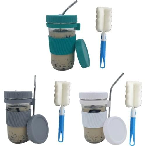650ml/22oz Reusable Boba Cup Bubble Tea Cup Set Drinking Bottle with Lid Cap Straw Silicone Anti-skid Ring Sponge Cleaning Brush