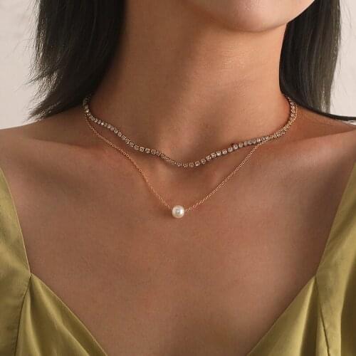 Fashion Temperament Imitation Pearl Pendant Necklace for Women Rhinestone Chain Geometric Clavicle Choker Necklace Jewelry Gift