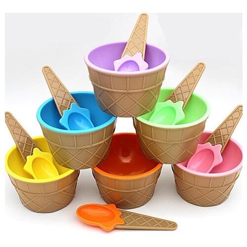 Fashion Cute Kids Candy Color Ice Cream Bowl Spoon Set Ice Cream Cup Dessert Container Holder With Spoon