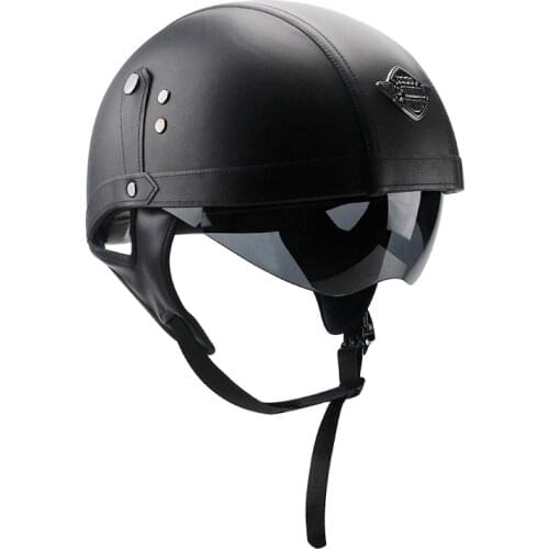Motorcycle Motorbike Rider Half PU Leather Retro Helmet Visor With Collar Vespa Open Face Half Motor with dual lens