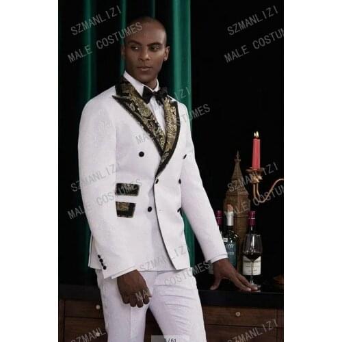 Trajes De Hombre Coat Pants Suits Men 2020 White Jacquard Gold Lapel Floral Double Breasted Tuxedo Groom Wedding Suits For Men