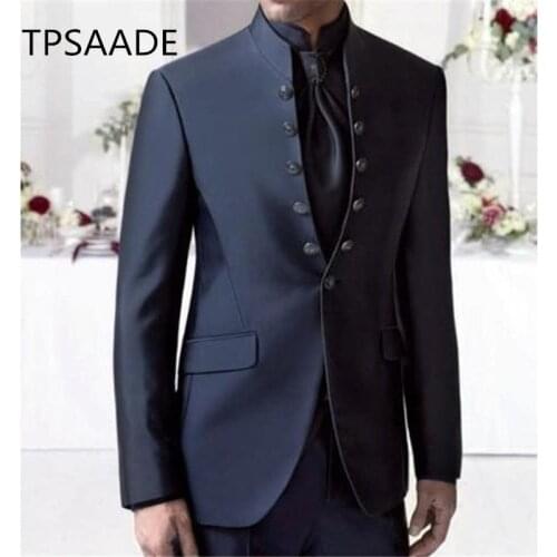 Gentleman Stand Collar Navy Blue Men Suit Tuxedos Masculino 2Pieces(Jacket+Pants+Tie) Best Man Suit Latest Style Male Clothing