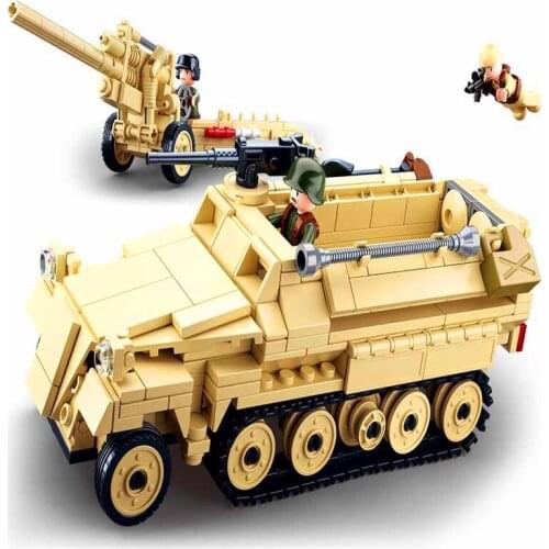Sluban 0695 460pcs Military WW2 Half-track Vehicle Cannon Army Weapon War Truck Soldier Model Building Block Toys For Children