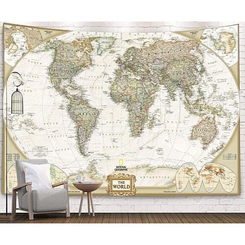 Light Brown World Map Tapestry Vintage Exotic Summer Plant Nature Frame for Bedroom Photography Wall Decor