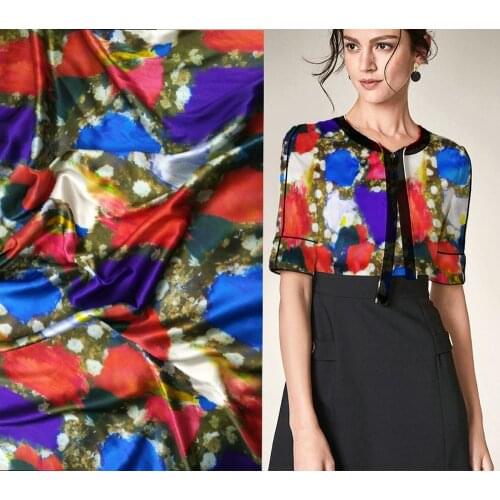 Telas 19mm 97% mulberry silk fabric 3% stretch satin fabric Red block felt flowers print summer haute couture fabrics wall stick