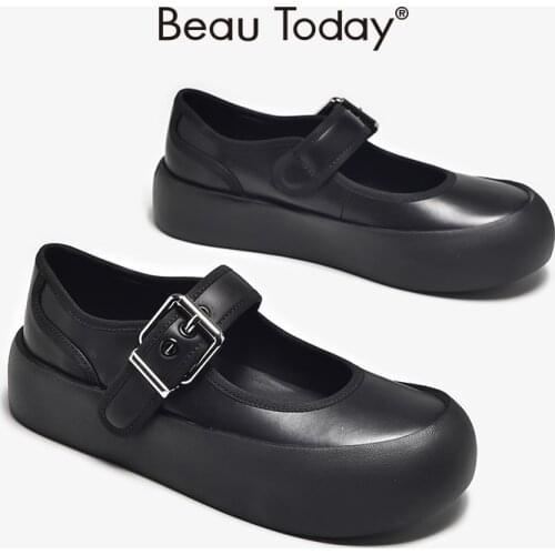 Women Mary Janes Calfskin Leather Round Toe Buckle Strap Thick Sole Ladies Casual Platform Lolita Shoes Handmade BeauToday 28412