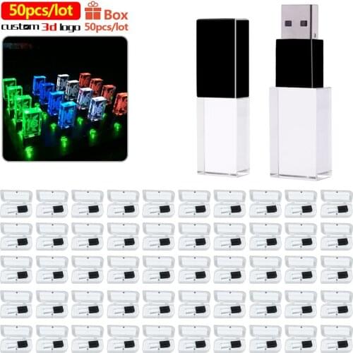 50pcs/lot USB Flash Drive 16gb USB2.0 Pen Drives Crystal usb drive 128GB 64GB usb stick 32gb Pen Drives For gift free 3d logo