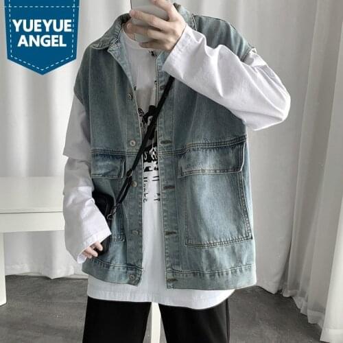 Korean Style Vintage Cargo Vest Mens Turn-Down Collar Single Breasted Spliced High Street Loose Sleeveless Fashion Vest Jackets
