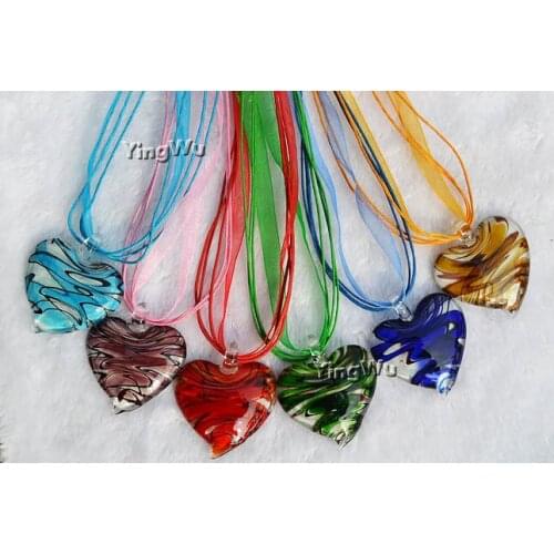 Yingwu Wholesale 12 PCS Lot Glass Heart Pendant Handmade Mix Colored Spiral Ribbon Necklace Inlaid Jewelry For Women Murano Gift