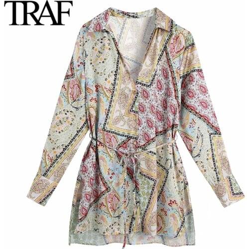 Traf Za Women Clothing 2021 Spring Autumn Gothic Printed Long Sleeve Blouses Femme Loose Waist Shirts Chic Buttoned Tops