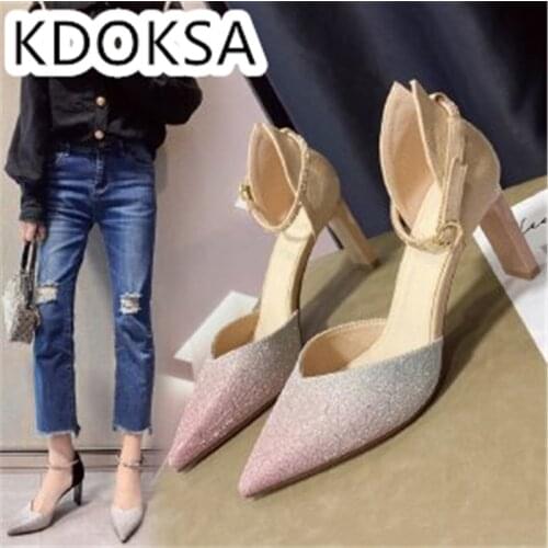 2021 Spring And Autumn New Hollow One Word Buckle High Single Shoes Sexy Sequins Thin Heels With Pointed Head With Womens Shoes