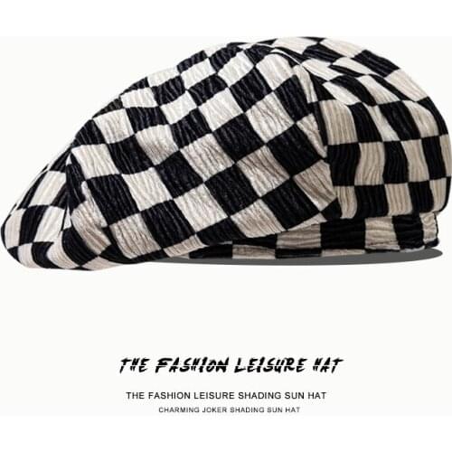 2021 New High Street Fashion Black and White Checked Beret Stylish and Elegant Red and White Checked Beret for Woman Cap Hats