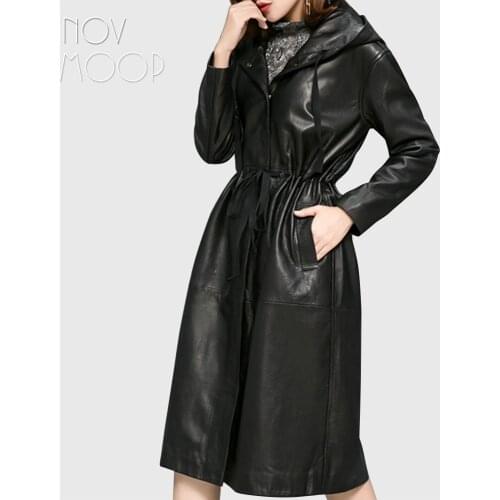 Women black real lambskin pebbled-leather long trench coat hooded tie waist outwear windbreaker casaco feminino LT2588 FREE SHIP