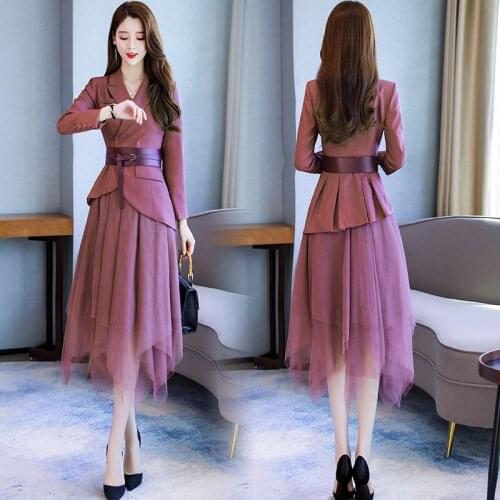 Dresses For Women 2021 Two Piece Sets Turn-Down Collar Blazer Jackets +Long Mesh Skirt Lady Office 2 Pcs Jacket Dresses Suits